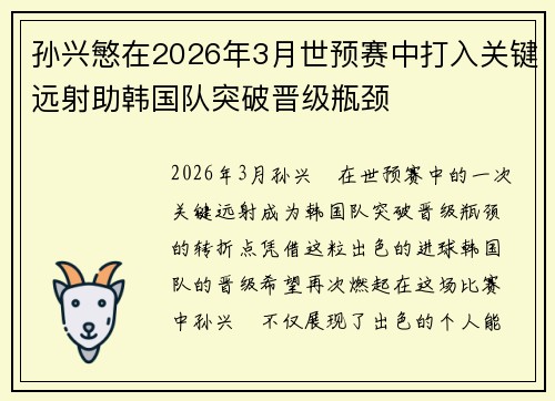 孙兴慜在2026年3月世预赛中打入关键远射助韩国队突破晋级瓶颈