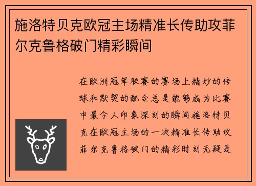施洛特贝克欧冠主场精准长传助攻菲尔克鲁格破门精彩瞬间